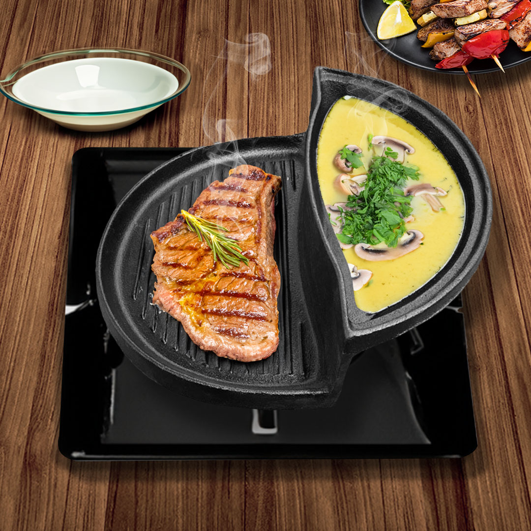 SOGA 2 in 1 Cast Iron Ribbed Fry Pan Skillet Griddle BBQ and Steamboat Hot Pot, , , , , ,  - AU DEPOT 7