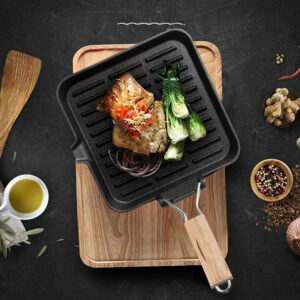 SOGA 24cm Ribbed Cast Iron Square Steak Frying Grill Skillet Pan with Folding Wooden Handle, Home & Living, Kitchen & Dining, Cookware, Frying Pans, ,  - AU DEPOT 2