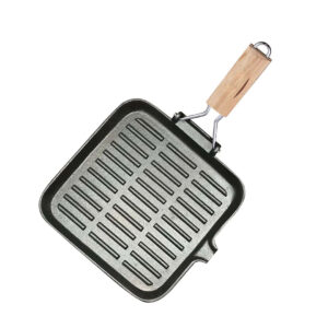 SOGA 24cm Ribbed Cast Iron Square Steak Frying Grill Skillet Pan with Folding Wooden Handle, Home & Living, Kitchen & Dining, Cookware, Frying Pans, ,  - AU DEPOT 1