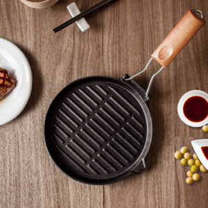 SOGA 24cm Round Ribbed Cast Iron Steak Frying Grill Skillet Pan with Folding Wooden Handle, Home & Living, Kitchen & Dining, Cookware, Frying Pans, ,  - AU DEPOT 2