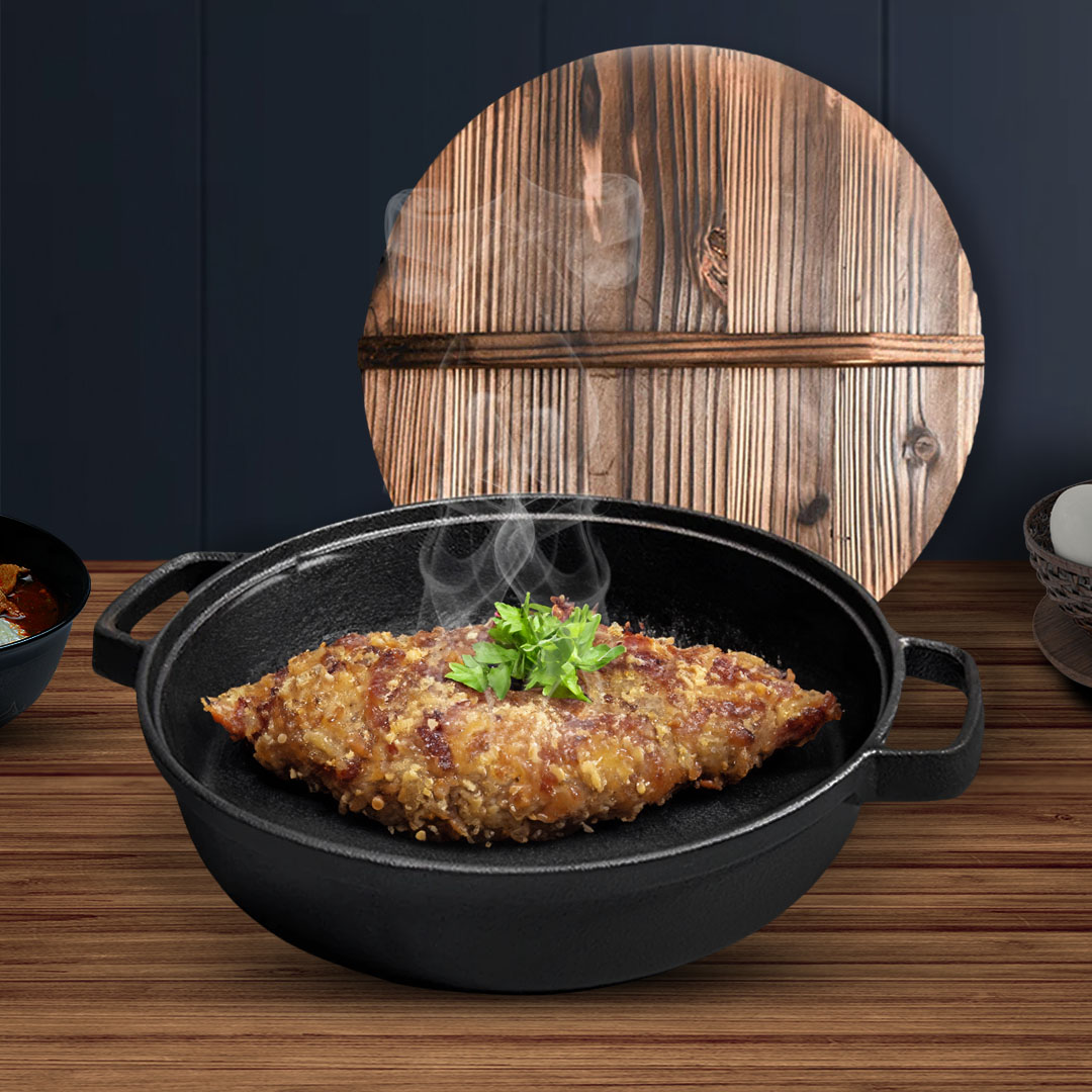 SOGA 29cm Round Cast Iron Pre-seasoned Deep Baking Pizza Frying Pan Skillet with Wooden Lid, , , , , ,  - AU DEPOT 7