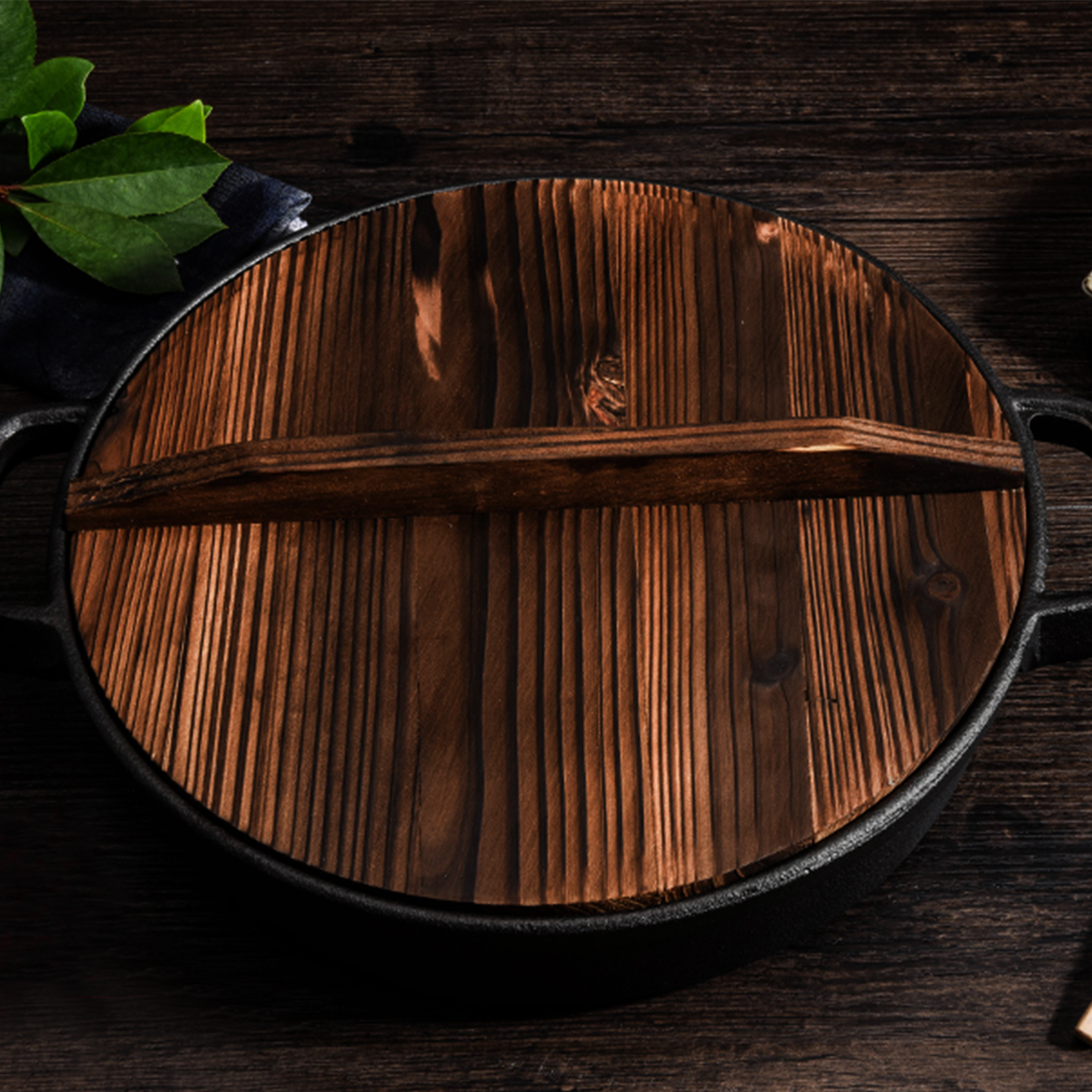 SOGA 29cm Round Cast Iron Pre-seasoned Deep Baking Pizza Frying Pan Skillet with Wooden Lid, , , , , ,  - AU DEPOT 9