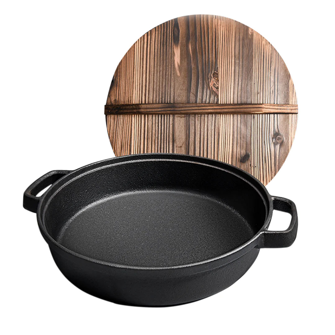 SOGA 29cm Round Cast Iron Pre-seasoned Deep Baking Pizza Frying Pan Skillet with Wooden Lid, , , , , ,  - AU DEPOT 1