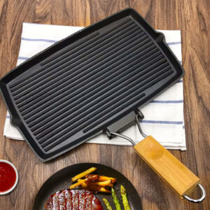 SOGA 2X 20.5cm Rectangular Cast Iron Griddle Grill Frying Pan with Folding Wooden Handle, Home & Living, Kitchen & Dining, Cookware, Frying Pans, ,  - AU DEPOT 2