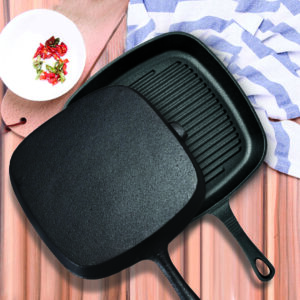 SOGA 2X 23.5cm Square Ribbed Cast Iron Frying Pan Skillet Steak Sizzle Platter with Handle, Home & Living, Kitchen & Dining, Cookware, Frying Pans, ,  - AU DEPOT 2