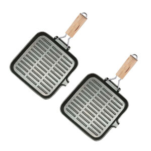 SOGA 2X 24cm Ribbed Cast Iron Square Steak Frying Grill Skillet Pan with Folding Wooden Handle, Home & Living, Kitchen & Dining, Cookware, Frying Pans, ,  - AU DEPOT 1