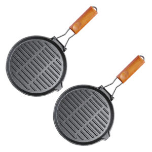 SOGA 2X 24cm Round Ribbed Cast Iron Steak Frying Grill Skillet Pan with Folding Wooden Handle, Home & Living, Kitchen & Dining, Cookware, Frying Pans, ,  - AU DEPOT 1