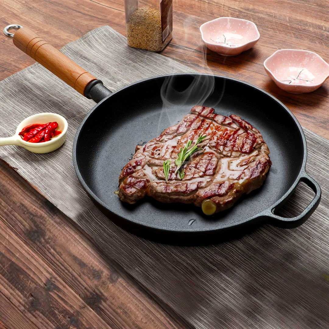 SOGA 2X 27cm Round Cast Iron Frying Pan Skillet Steak Sizzle Platter with Helper Handle, , , , , ,  - AU DEPOT 4