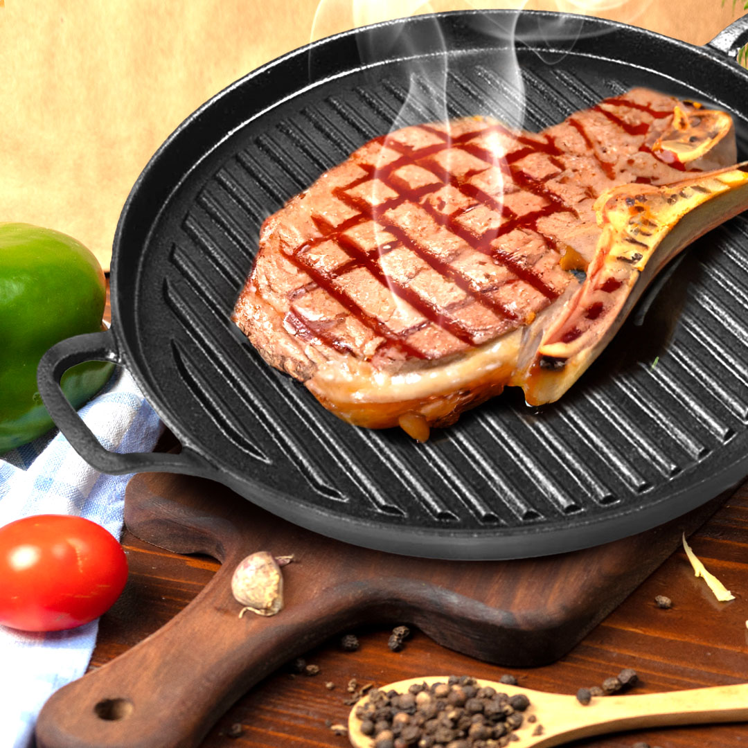 SOGA 2X 28cm Ribbed Cast Iron Frying Pan Skillet Coating Steak Sizzle Platter, , , , , ,  - AU DEPOT 4