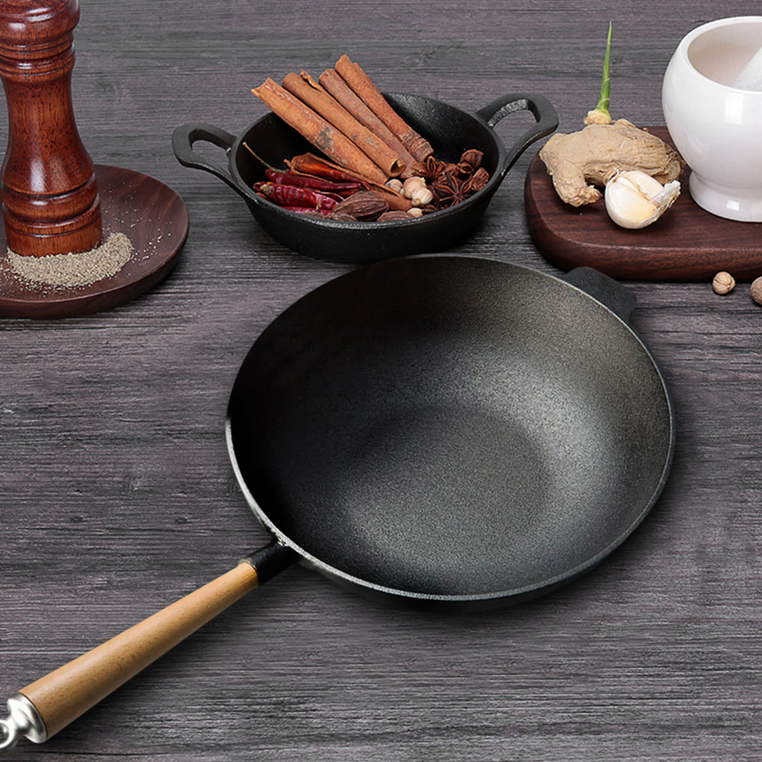 SOGA 2X 31cm Commercial Cast Iron Wok Round Bottom FryPan Home Cooking Skillet, , , , , ,  - AU DEPOT 2