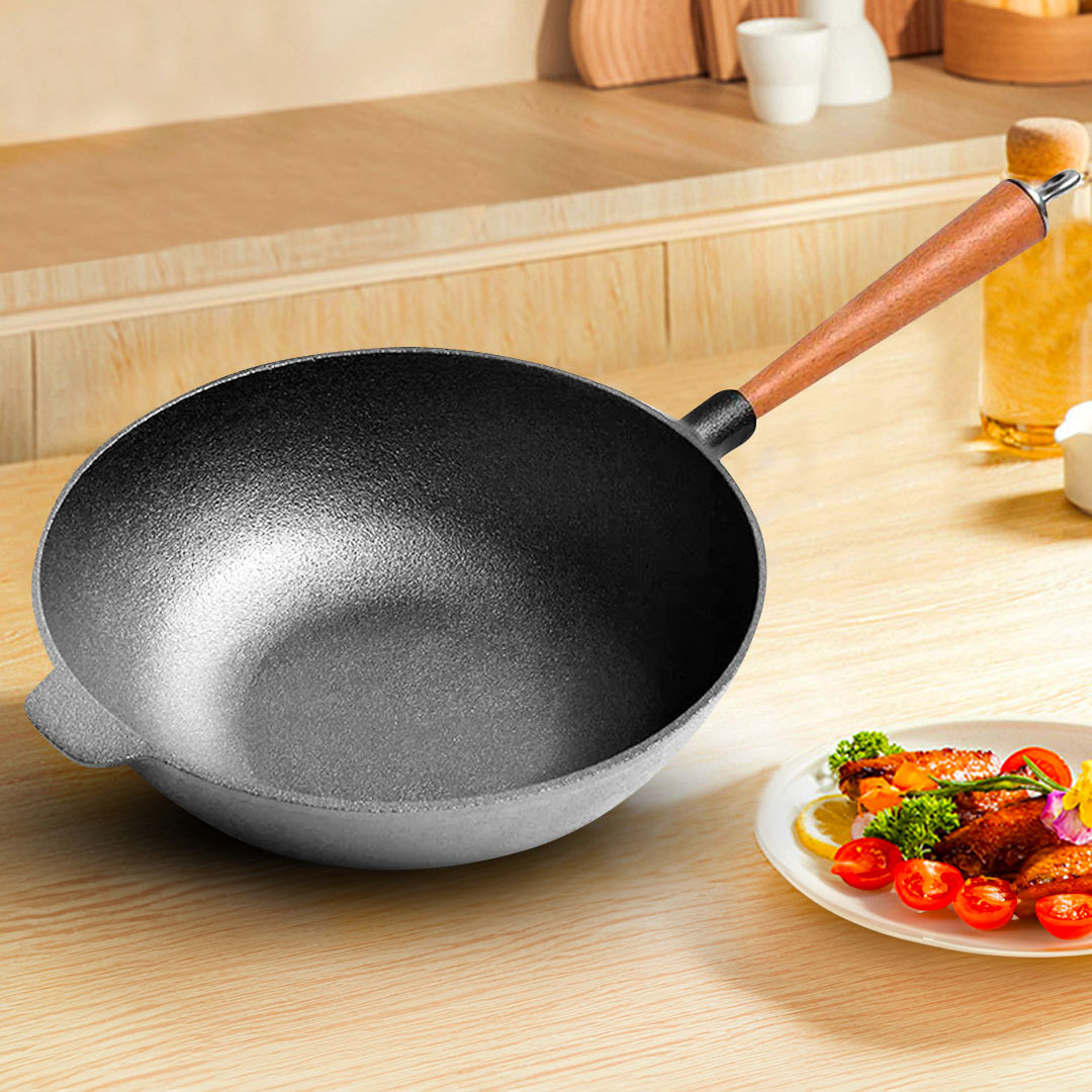 SOGA 2X 31cm Commercial Cast Iron Wok Round Bottom FryPan Home Cooking Skillet, , , , , ,  - AU DEPOT 7