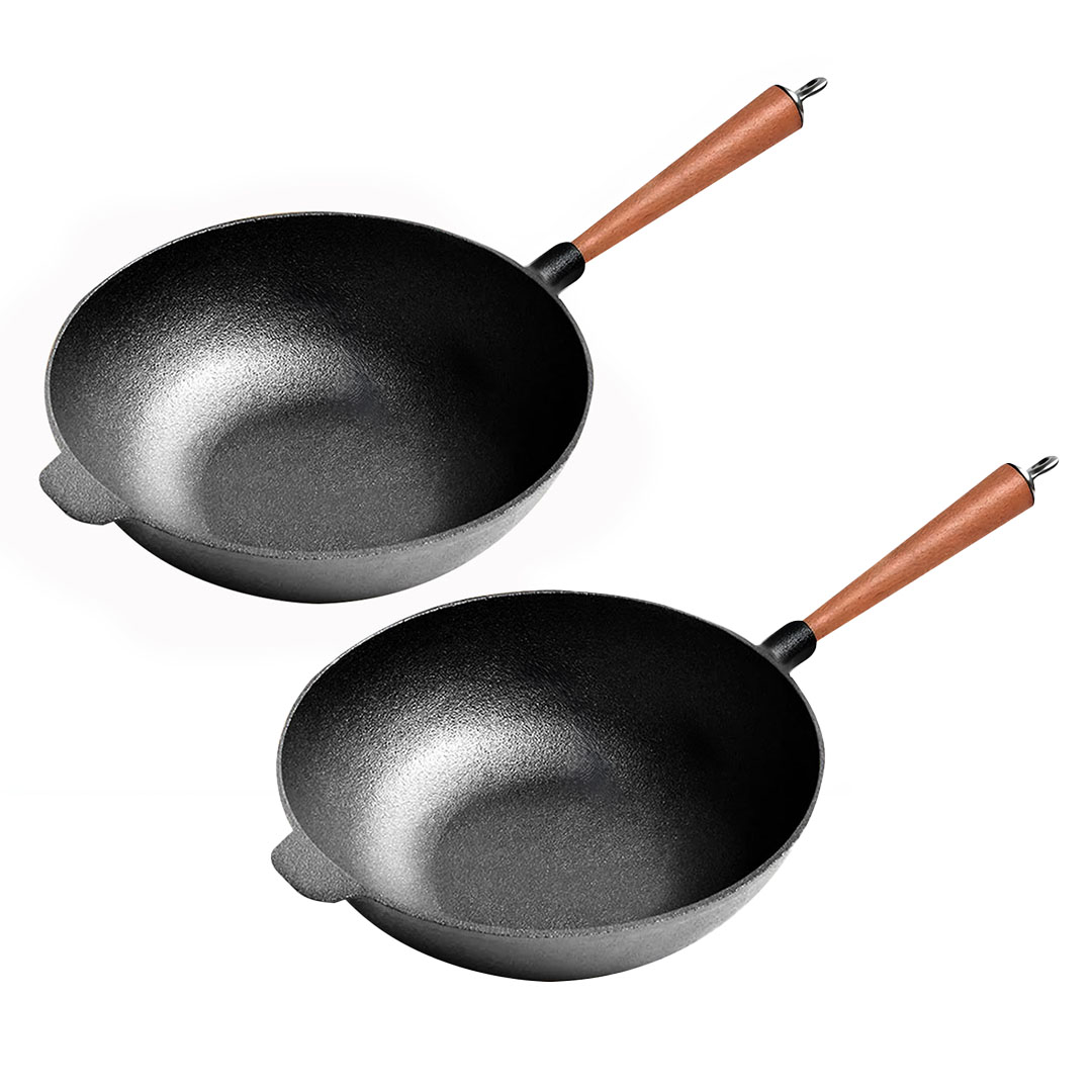 SOGA 2X 31cm Commercial Cast Iron Wok Round Bottom FryPan Home Cooking Skillet, , , , , ,  - AU DEPOT 1