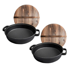 SOGA 2X 31cm Round Cast Iron Pre seasoned Deep Baking Pizza Frying Pan Skillet with Wooden Lid Frying Pans ZPaiC2X2 AU DEPOT - AU DEPOT