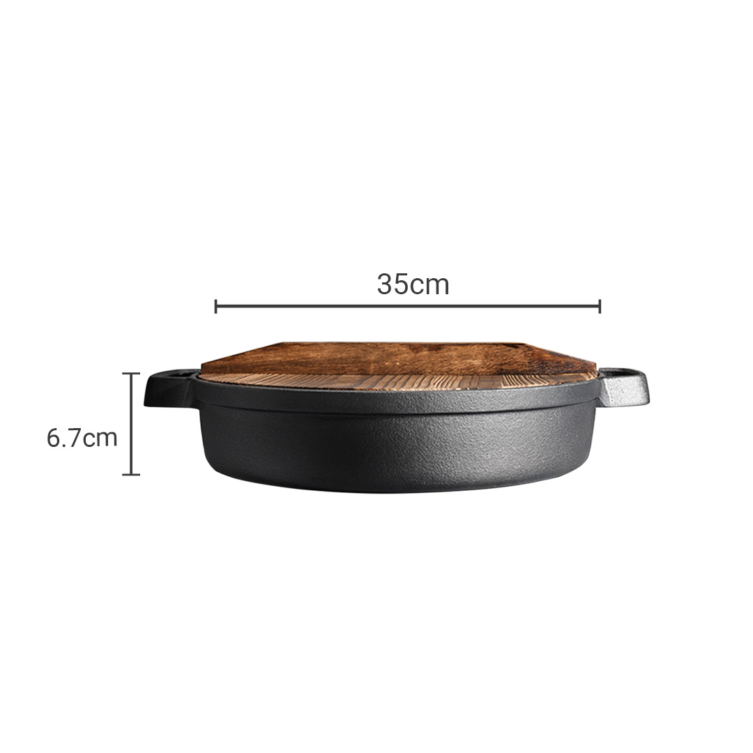 SOGA 2X 35cm Round Cast Iron Pre-seasoned Deep Baking Pizza Frying Pan Skillet with Wooden Lid, , , , , ,  - AU DEPOT 6