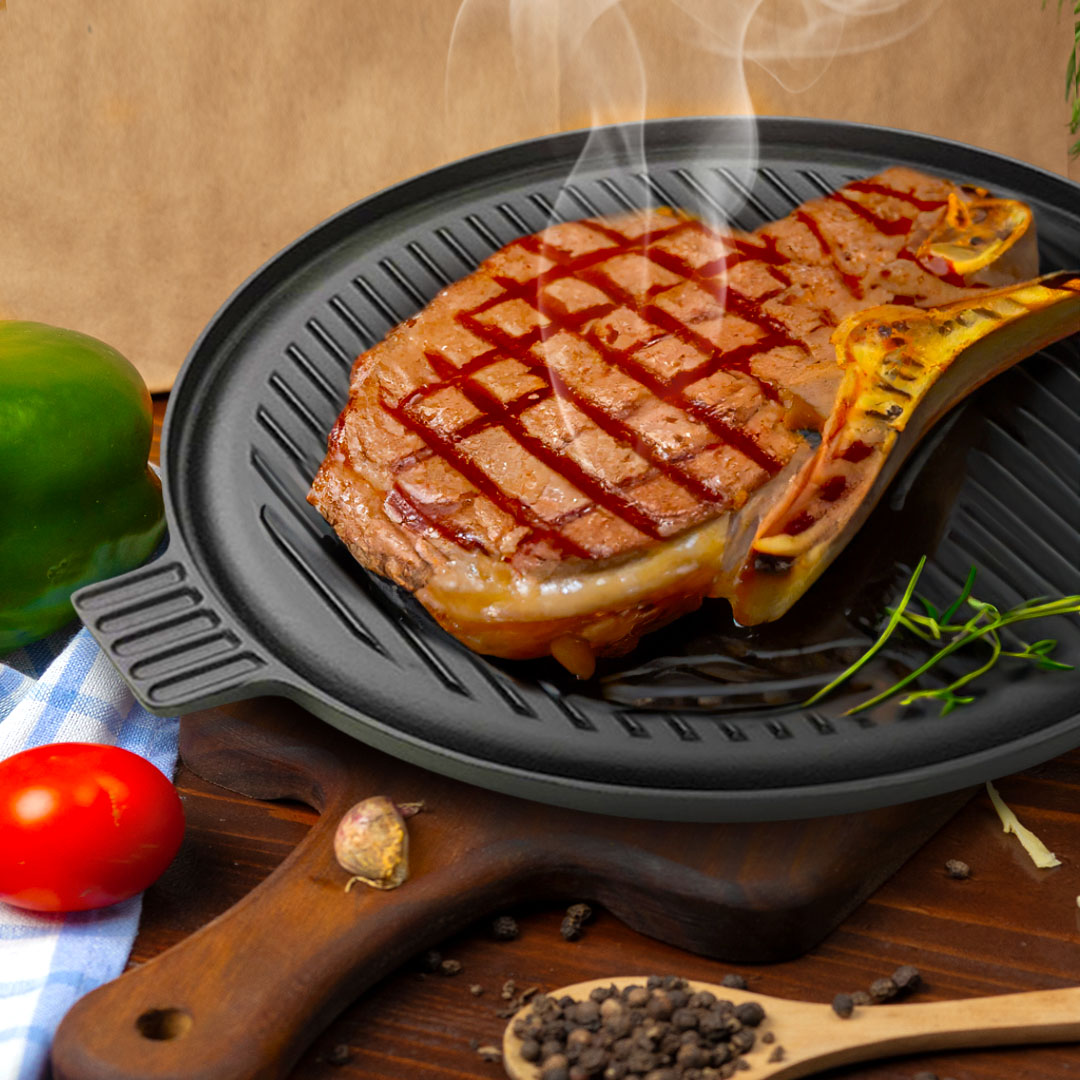 SOGA 2X 43cm Round Ribbed Cast Iron Frying Pan Skillet Steak Sizzle Platter with Handle, , , , , ,  - AU DEPOT 4