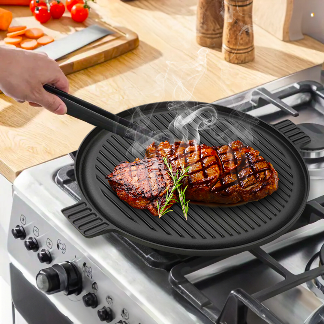 SOGA 2X 43cm Round Ribbed Cast Iron Frying Pan Skillet Steak Sizzle Platter with Handle, , , , , ,  - AU DEPOT 5