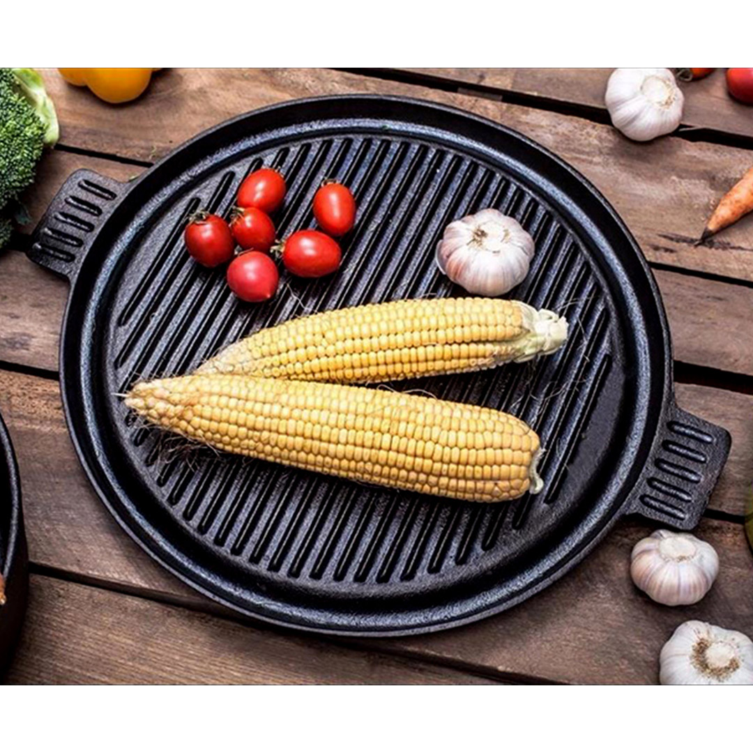 SOGA 2X 43cm Round Ribbed Cast Iron Frying Pan Skillet Steak Sizzle Platter with Handle, , , , , ,  - AU DEPOT 9