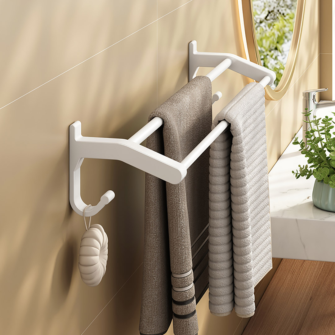 SOGA 2X 52cm White Wall-Mounted Double Pole Towel Holder Bathroom Organiser Rail Hanger with Hooks, , , , , ,  - AU DEPOT 3