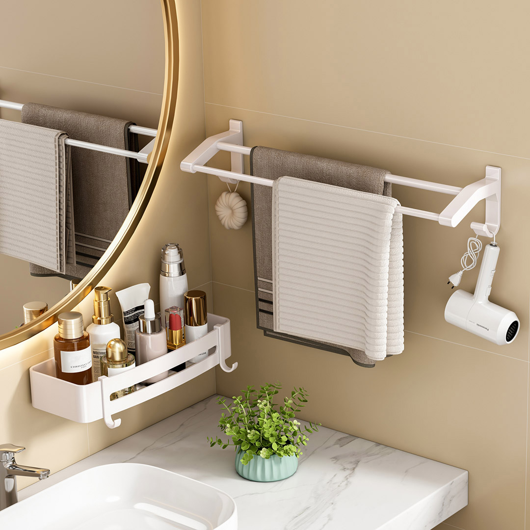 SOGA 2X 52cm White Wall-Mounted Double Pole Towel Holder Bathroom Organiser Rail Hanger with Hooks, , , , , ,  - AU DEPOT 5