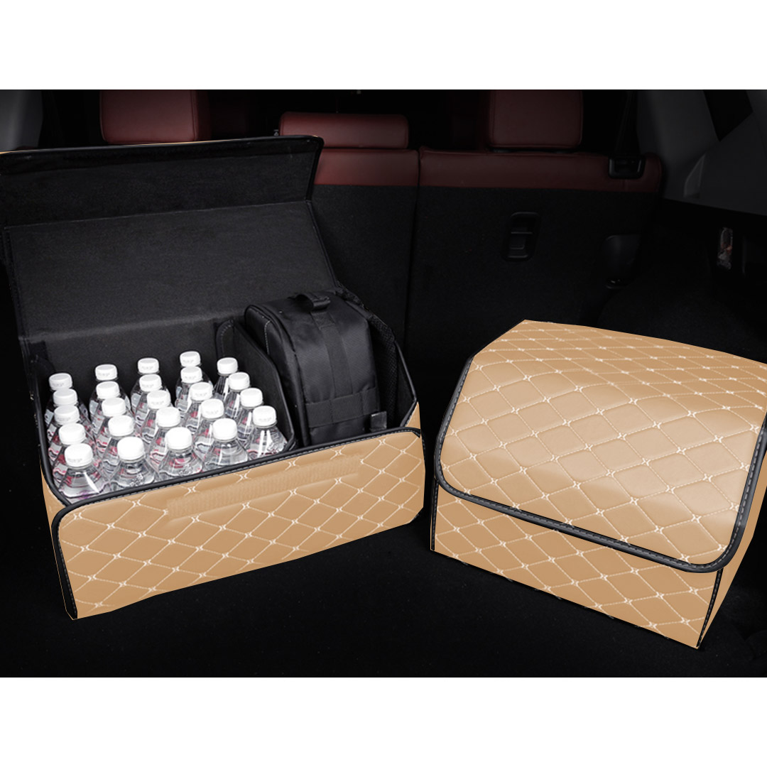 SOGA 2X Leather Car Boot Collapsible Foldable Trunk Cargo Organizer Portable Storage Box Beige/Gold Stitch Medium, , , , , ,  - AU DEPOT 4