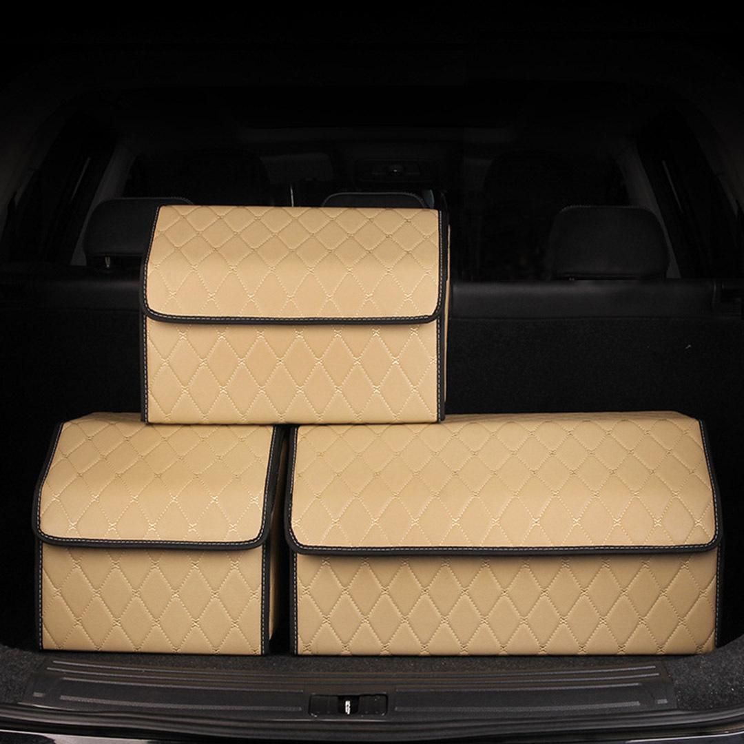 SOGA 2X Leather Car Boot Collapsible Foldable Trunk Cargo Organizer Portable Storage Box Beige/Gold Stitch Medium, , , , , ,  - AU DEPOT 6