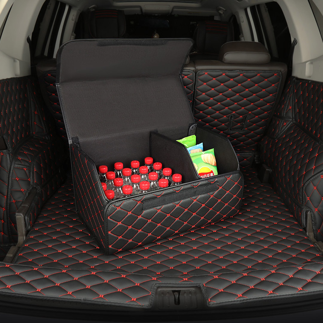 SOGA 2X Leather Car Boot Collapsible Foldable Trunk Cargo Organizer Portable Storage Box Black/Red Stitch Small, , , , , ,  - AU DEPOT 7