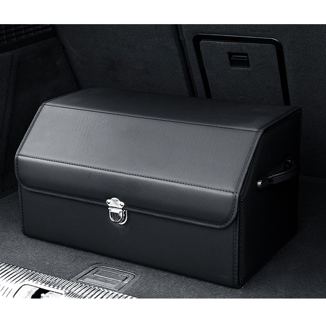 SOGA 2X Leather Car Boot Collapsible Foldable Trunk Cargo Organizer Portable Storage Box With Lock Black Medium, , , , , ,  - AU DEPOT 4