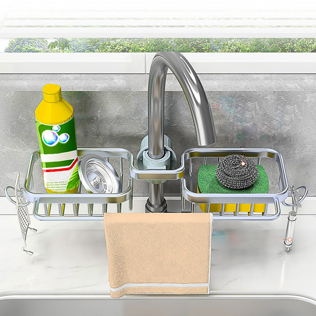 SOGA 2X Silver Kitchen Sink Organiser Faucet Soap Sponge Caddy Rack Drainer with Towel Bar Holder, , , , , ,  - AU DEPOT 4