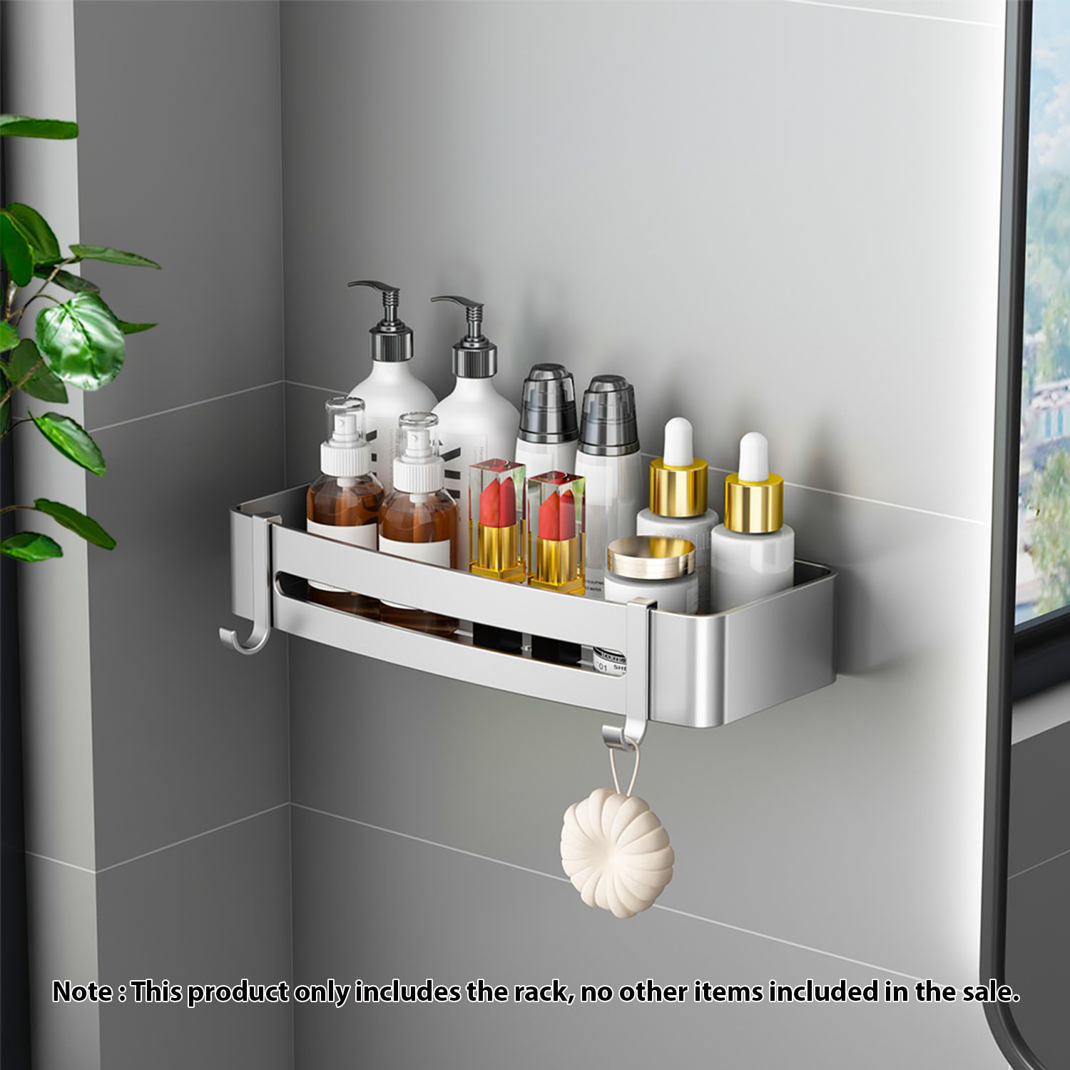 SOGA 2X Silver Wall-Mounted Rectangular Bathroom Storage Organiser Space Saving Adhesive Shelf Rack with Hooks, , , , , ,  - AU DEPOT 2