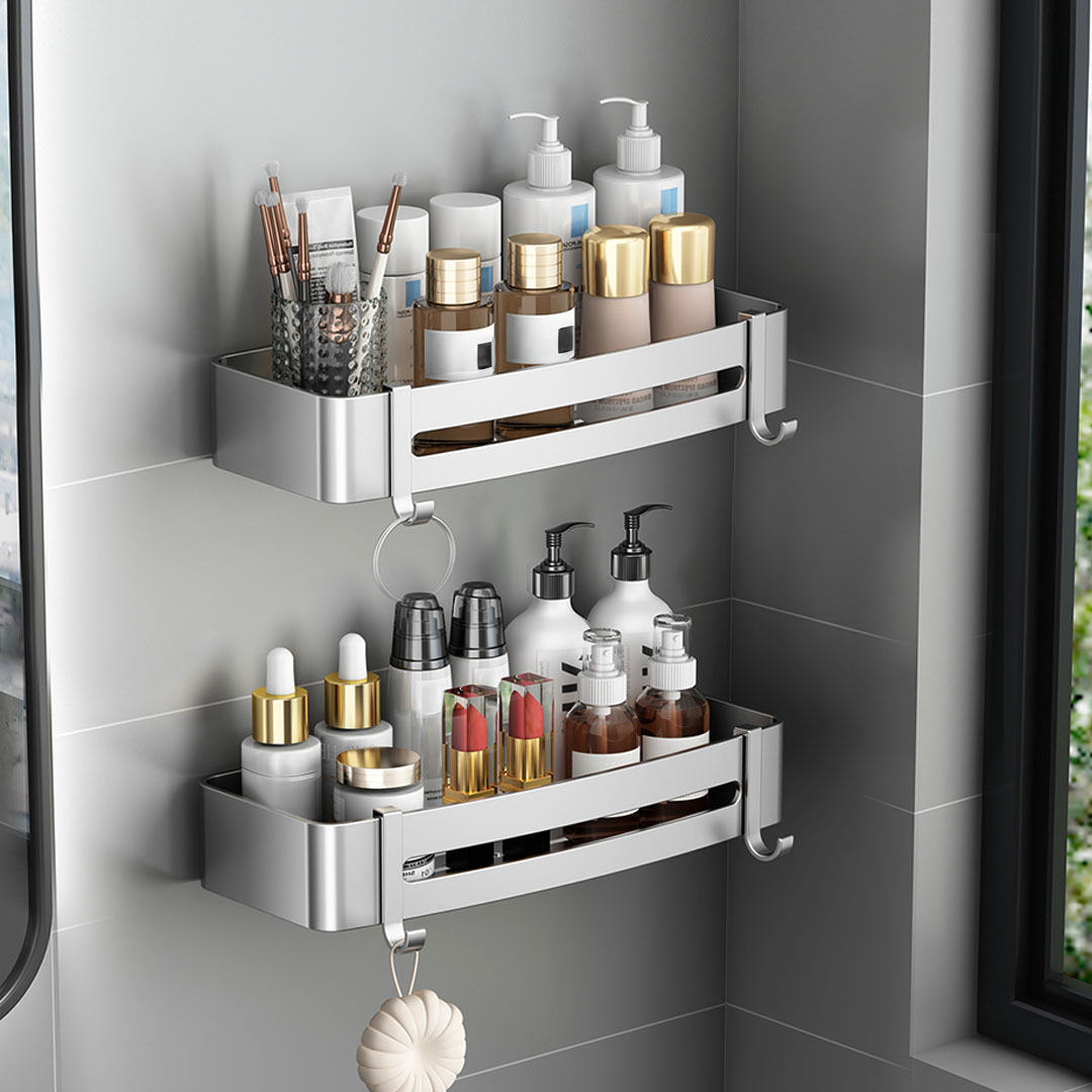 SOGA 2X Silver Wall-Mounted Rectangular Bathroom Storage Organiser Space Saving Adhesive Shelf Rack with Hooks, , , , , ,  - AU DEPOT 3