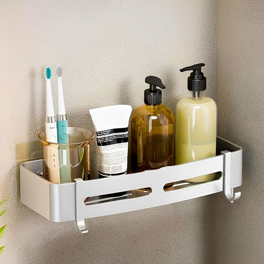 SOGA 2X Silver Wall-Mounted Rectangular Bathroom Storage Organiser Space Saving Adhesive Shelf Rack with Hooks, , , , , ,  - AU DEPOT 4