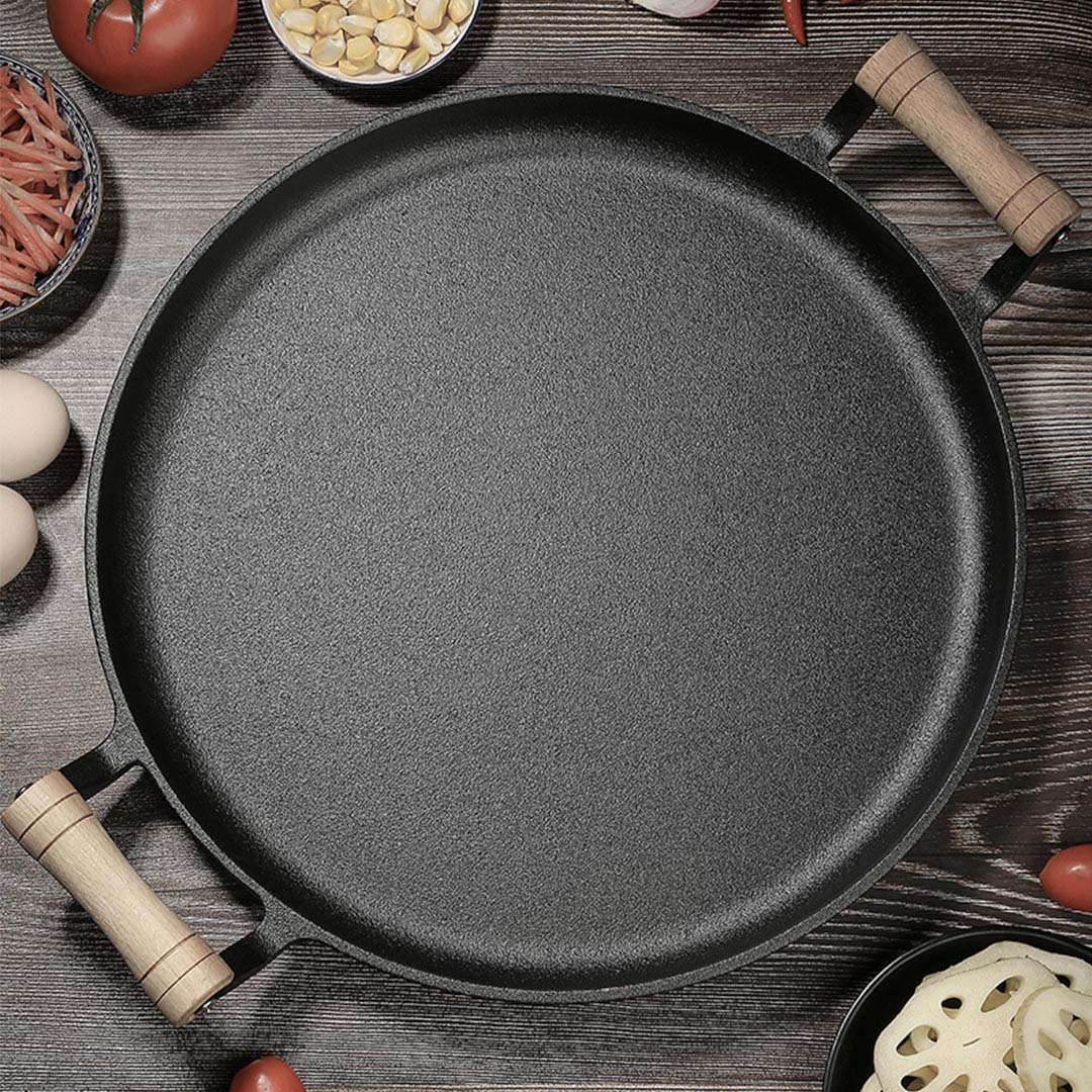 SOGA 35cm Cast Iron Frying Pan Skillet Steak Sizzle Fry Platter With Wooden Handle No Lid, , , , , ,  - AU DEPOT 9