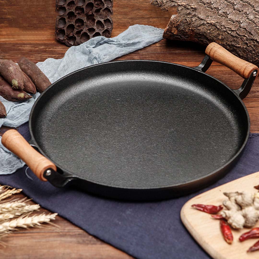 SOGA 35cm Cast Iron Frying Pan Skillet Steak Sizzle Fry Platter With Wooden Handle No Lid, , , , , ,  - AU DEPOT 10