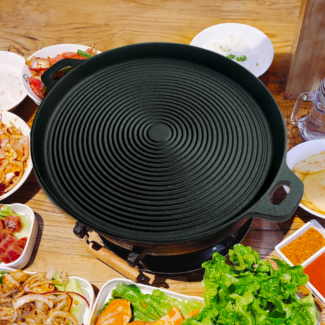 SOGA 35cm Round Ribbed Cast Iron Frying Pan Skillet Steak Sizzle Platter with Handle, , , , , ,  - AU DEPOT 2