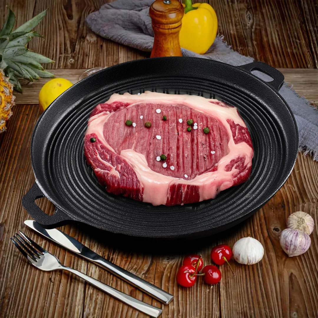 SOGA 35cm Round Ribbed Cast Iron Frying Pan Skillet Steak Sizzle Platter with Handle, , , , , ,  - AU DEPOT 5