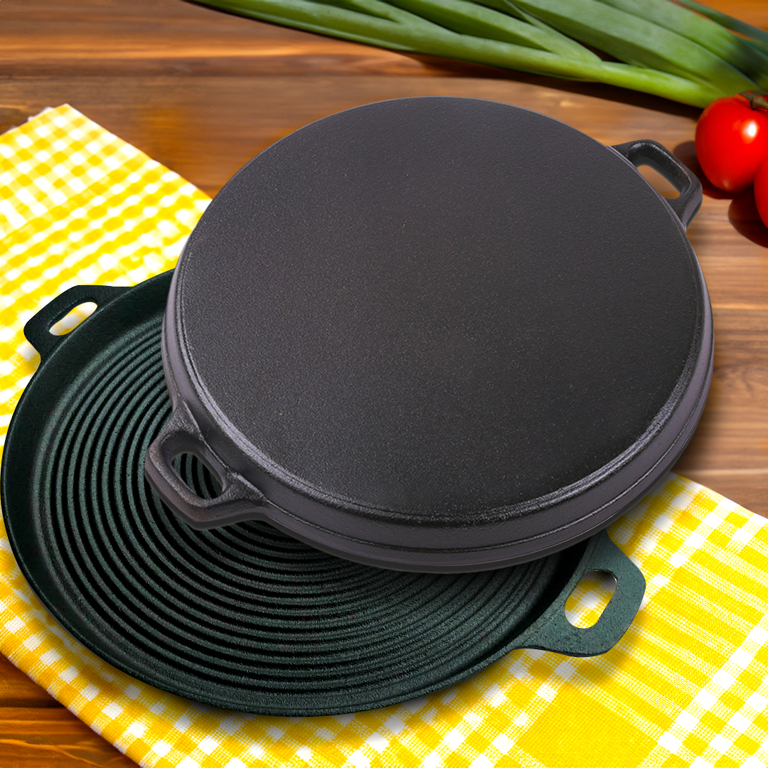 SOGA 35cm Round Ribbed Cast Iron Frying Pan Skillet Steak Sizzle Platter with Handle, , , , , ,  - AU DEPOT 8