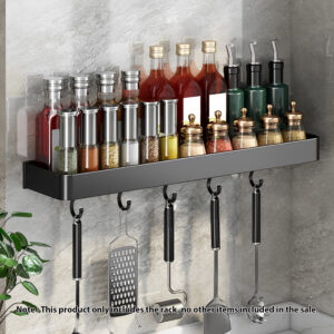 SOGA 42cm Black Wall-Mounted Rectangular Kitchen Spice Storage Organiser Space Saving Condiments Shelf Rack with Hooks, Kitchen & Dining, Kitchen Storage, Kitchen Organisation, Spice Organisers, ,  - AU DEPOT 2