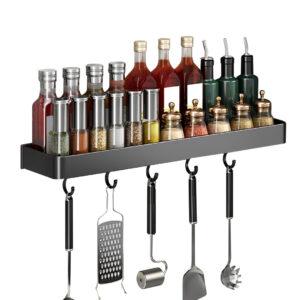 SOGA 42cm Black Wall-Mounted Rectangular Kitchen Spice Storage Organiser Space Saving Condiments Shelf Rack with Hooks, Kitchen & Dining, Kitchen Storage, Kitchen Organisation, Spice Organisers, ,  - AU DEPOT 1