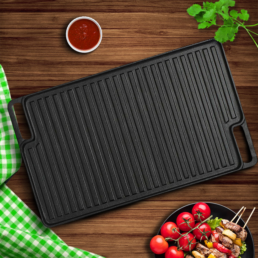 SOGA 45cm Rectangular Cast Iron Portable Fry BBQ Grill Plate Cooking Pan Tray with Handle, , , , , ,  - AU DEPOT 2