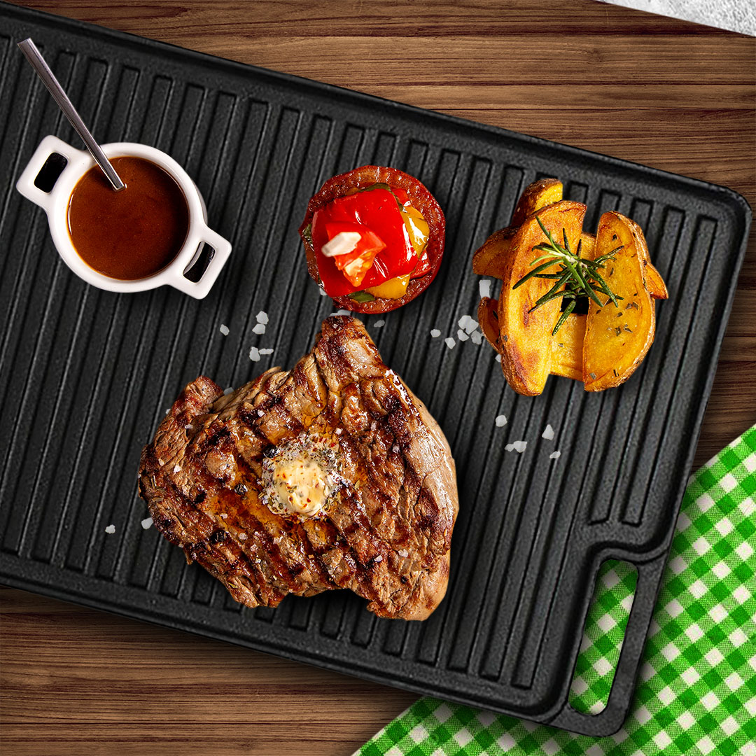 SOGA 45cm Rectangular Cast Iron Portable Fry BBQ Grill Plate Cooking Pan Tray with Handle, , , , , ,  - AU DEPOT 4