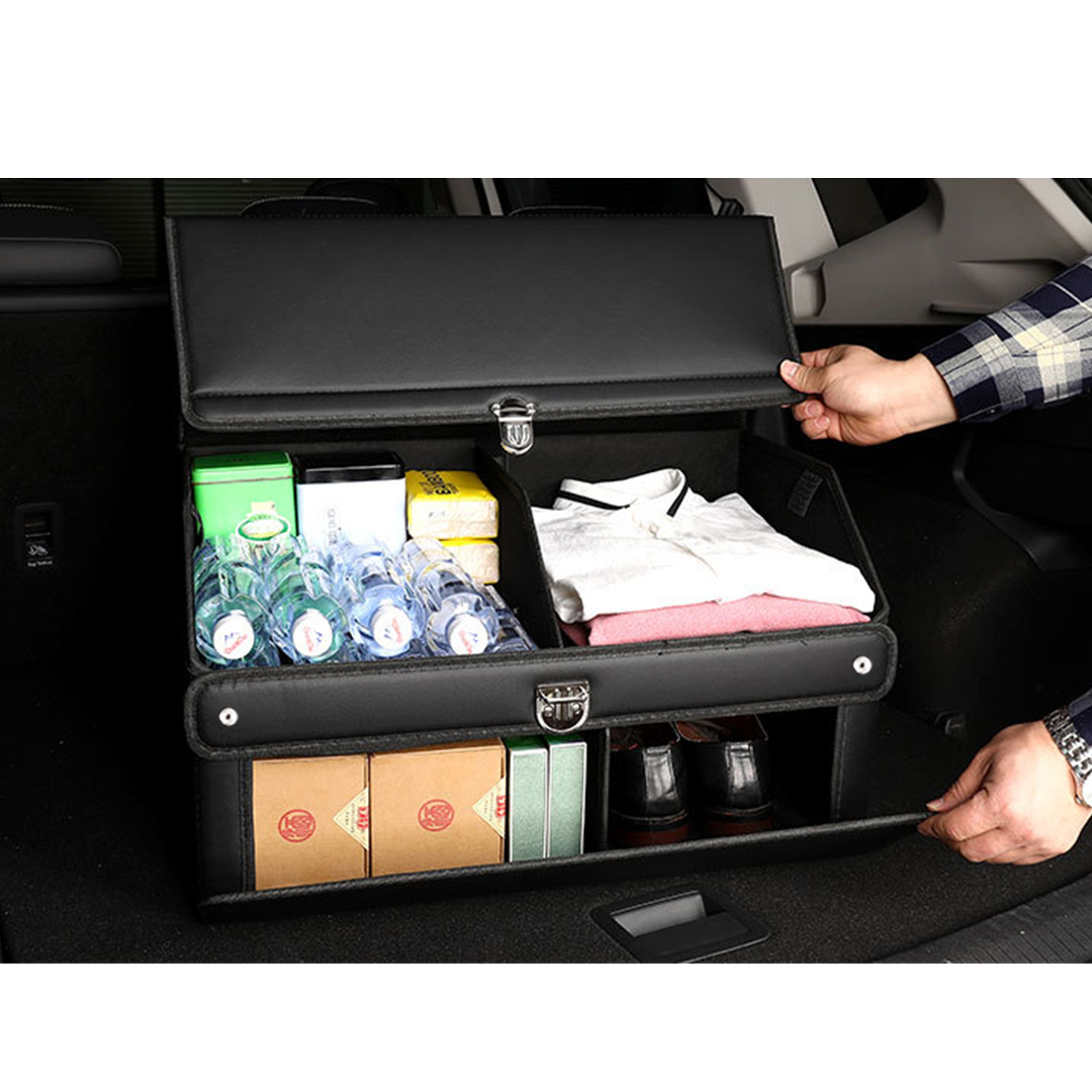 SOGA 4X 56cm Leather Car Boot Collapsible Foldable Trunk Cargo Organizer Portable Storage Box with Lock Black, , , , , ,  - AU DEPOT 2