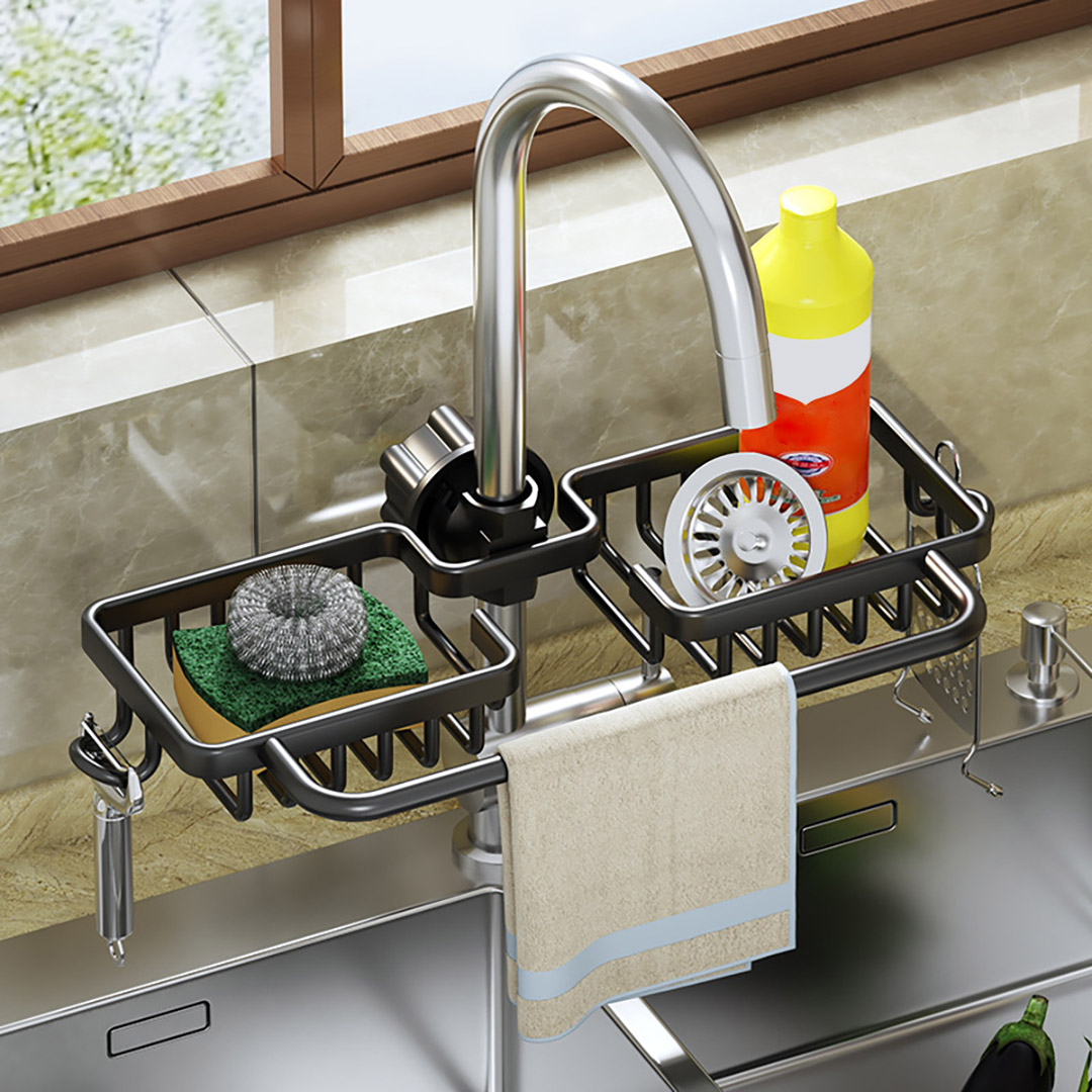 SOGA Black Kitchen Sink Organiser Faucet Soap Sponge Caddy Rack Drainer with Towel Bar Holder, , , , , ,  - AU DEPOT 3