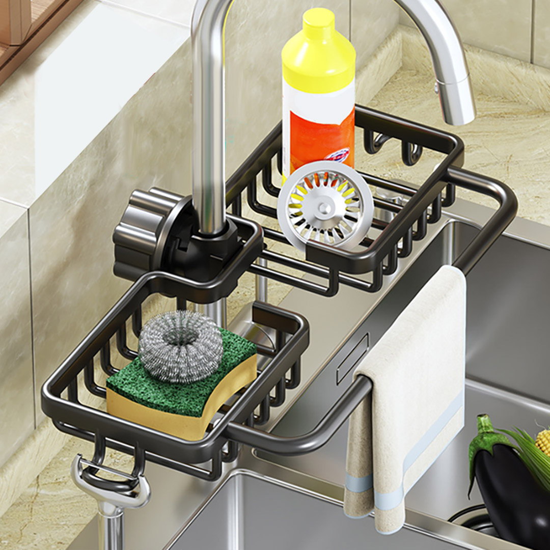 SOGA Black Kitchen Sink Organiser Faucet Soap Sponge Caddy Rack Drainer with Towel Bar Holder, , , , , ,  - AU DEPOT 4