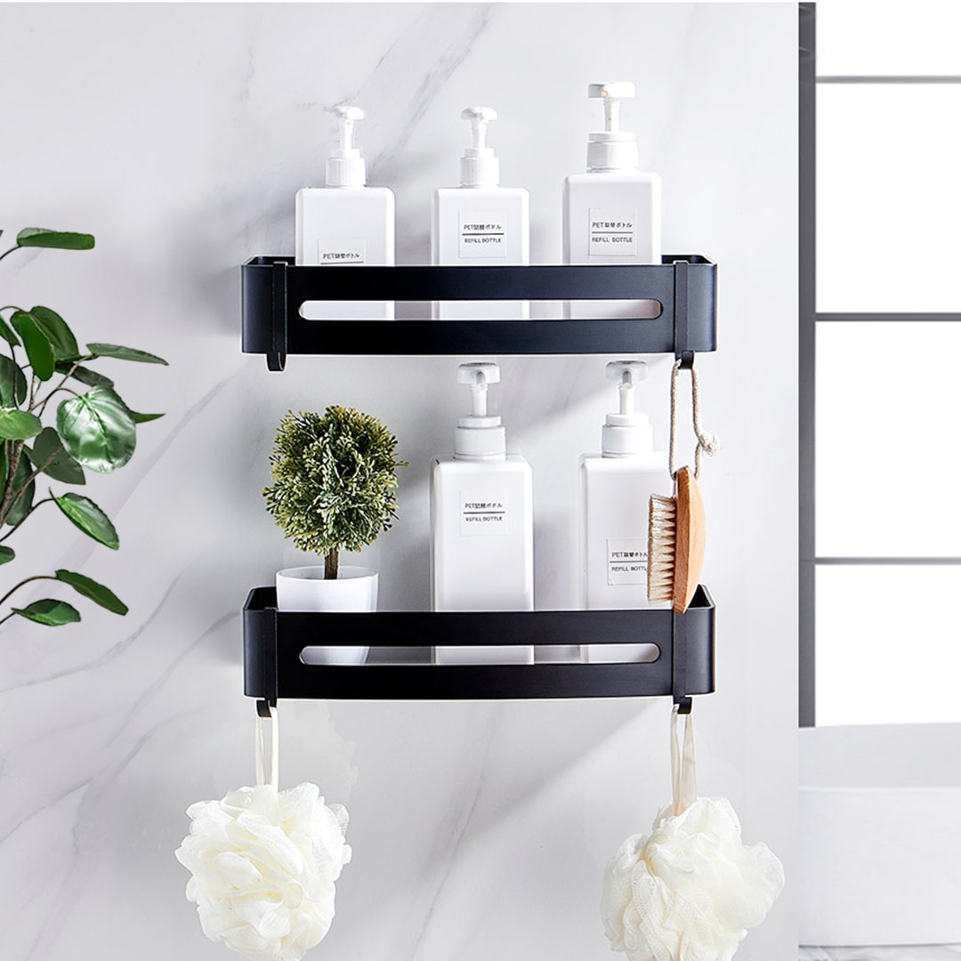 SOGA Black Wall-Mounted Rectangular Bathroom Storage Organiser Space Saving Adhesive Shelf Rack with Hooks, , , , , ,  - AU DEPOT 3