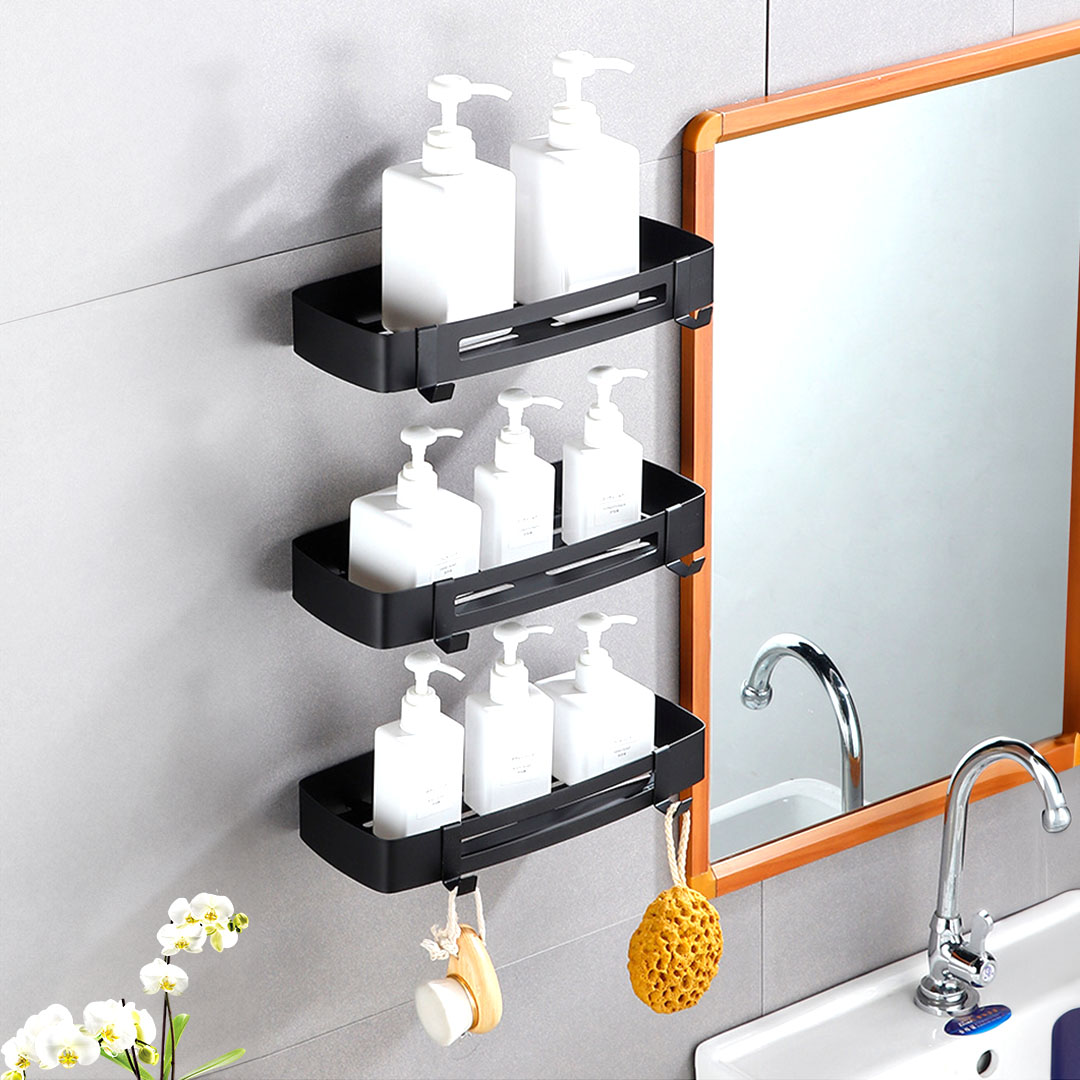 SOGA Black Wall-Mounted Rectangular Bathroom Storage Organiser Space Saving Adhesive Shelf Rack with Hooks, , , , , ,  - AU DEPOT 7