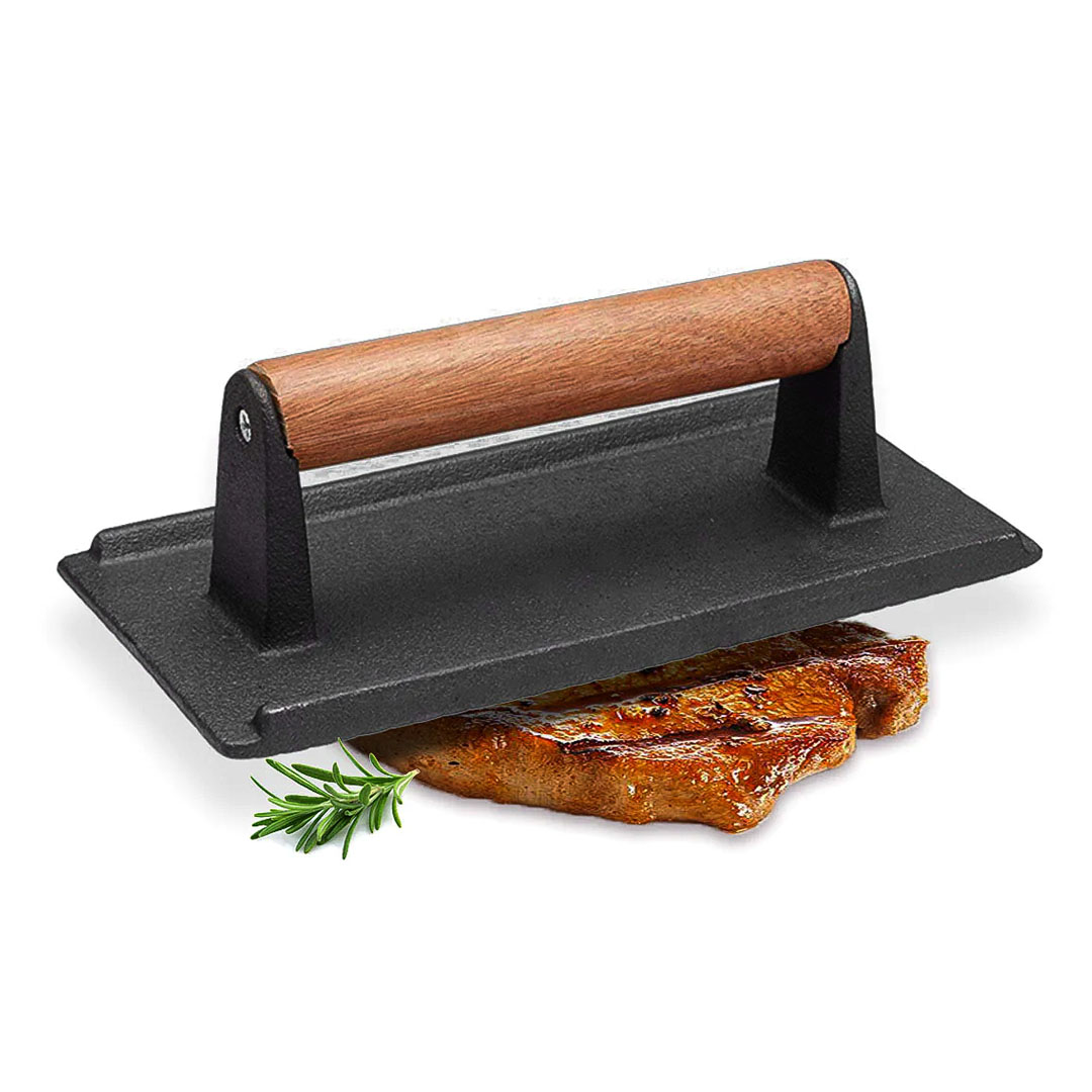 SOGA Cast Iron Bacon Meat Steak Press Grill BBQ with Wood Handle Weight Plate, , , , , ,  - AU DEPOT 1