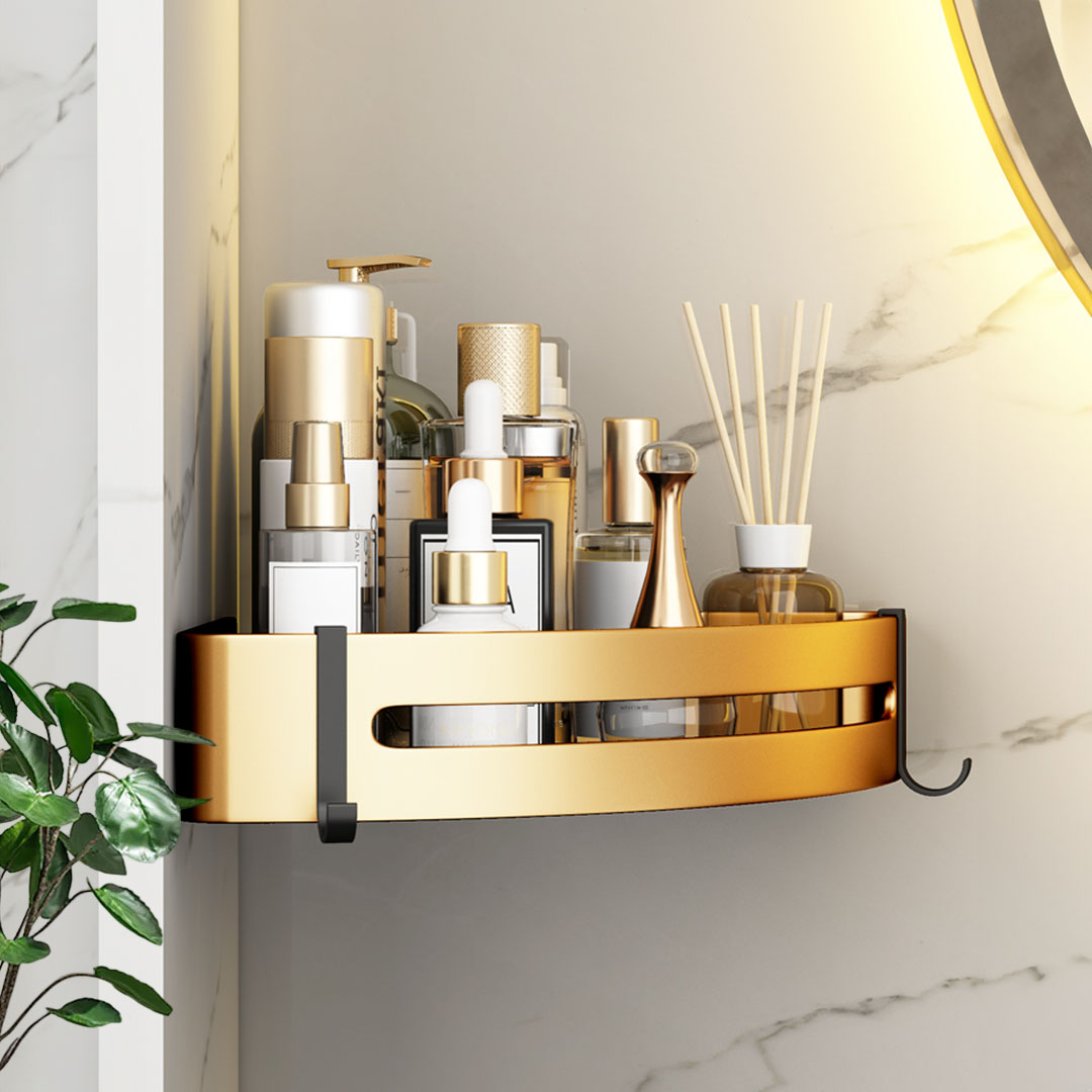 SOGA Gold Wall-Mounted Triangular Bathroom Storage Corner Vanity Organiser Space Saving Adhesive Shelf Rack with Hooks, , , , , ,  - AU DEPOT 3