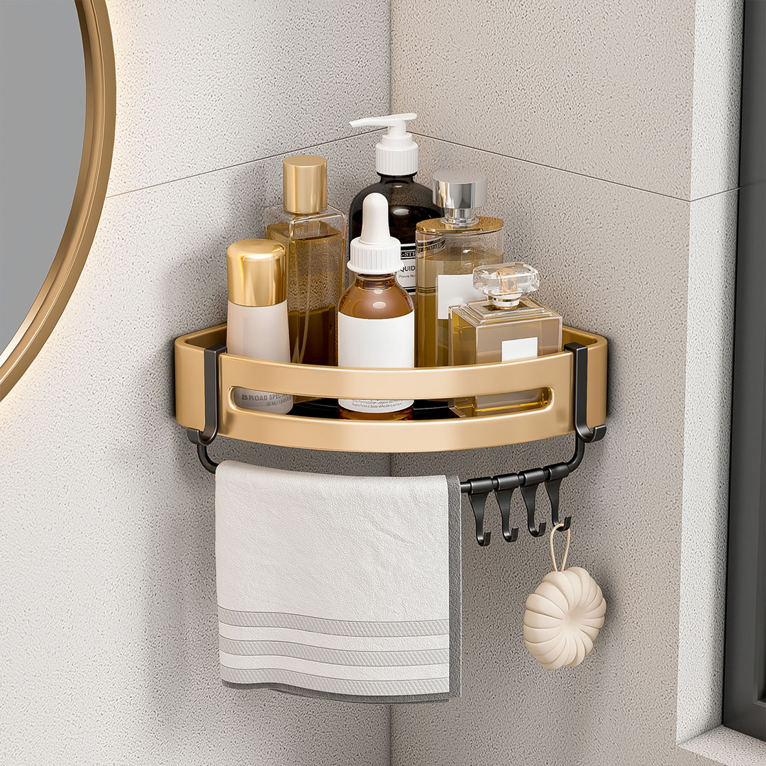 SOGA Gold Wall-Mounted Triangular Bathroom Storage Corner Vanity Organiser Space Saving Adhesive Shelf Rack with Hooks, , , , , ,  - AU DEPOT 4