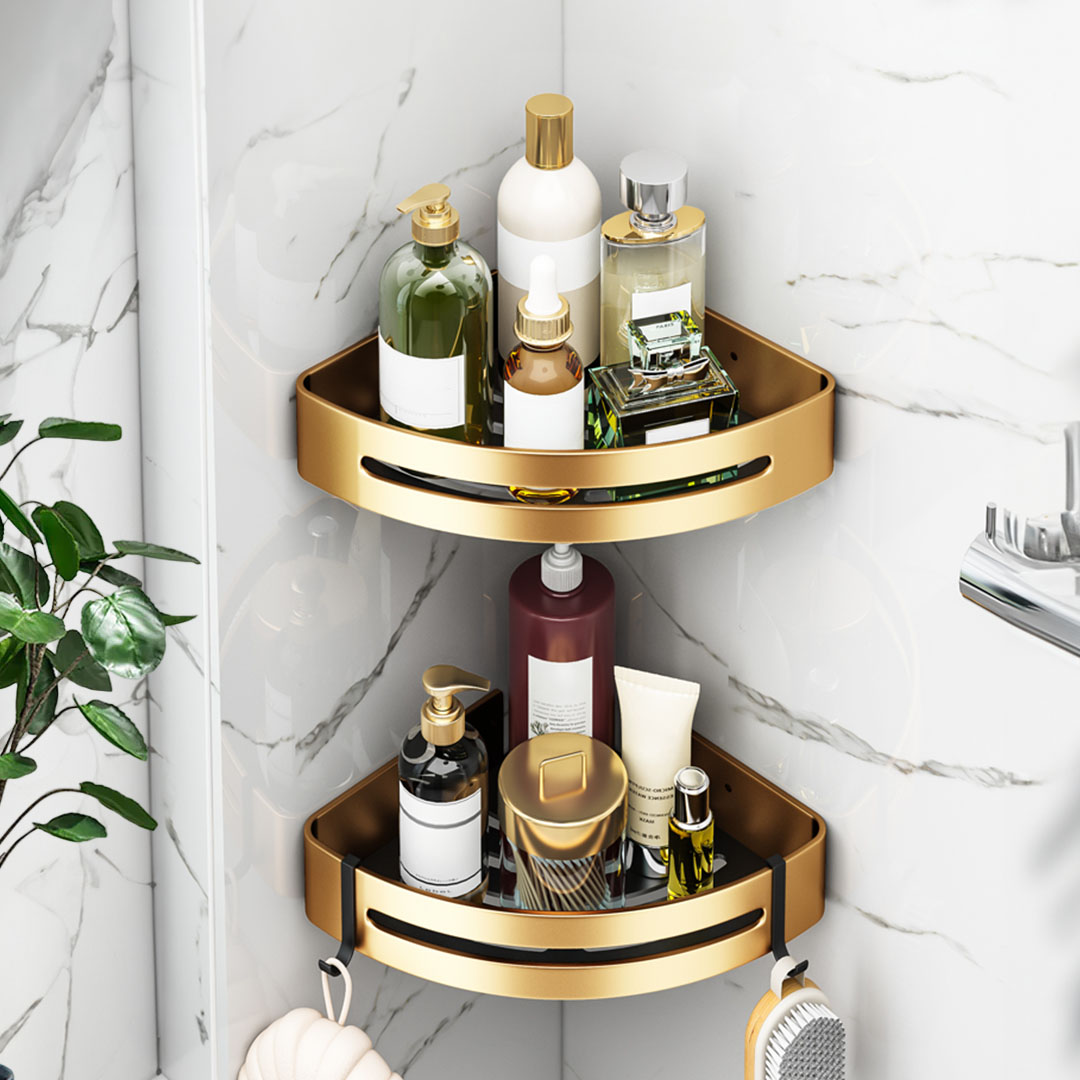 SOGA Gold Wall-Mounted Triangular Bathroom Storage Corner Vanity Organiser Space Saving Adhesive Shelf Rack with Hooks, , , , , ,  - AU DEPOT 8