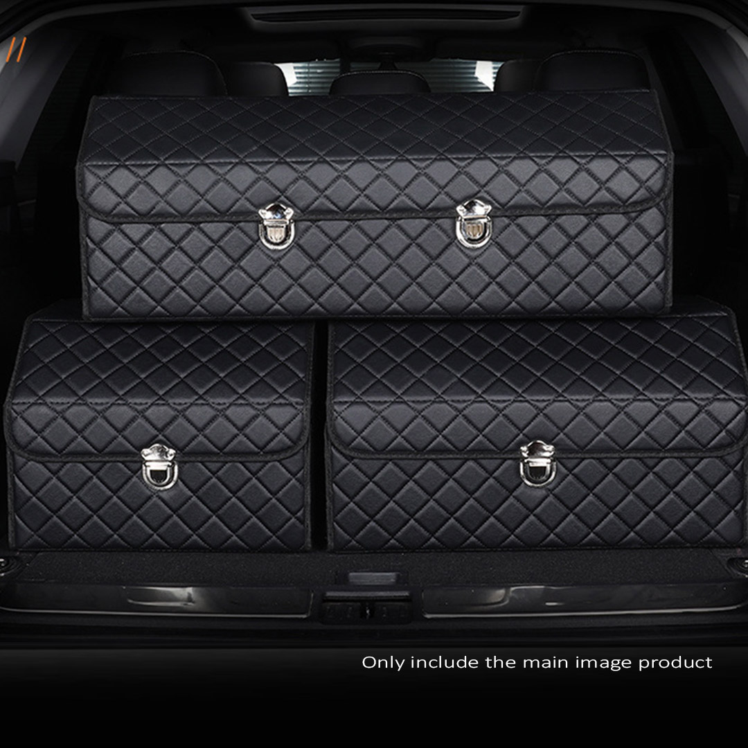 SOGA Leather Car Boot Collapsible Foldable Trunk Cargo Organizer Portable Storage Box Black/White Stitch with Lock Large, , , , , ,  - AU DEPOT 8